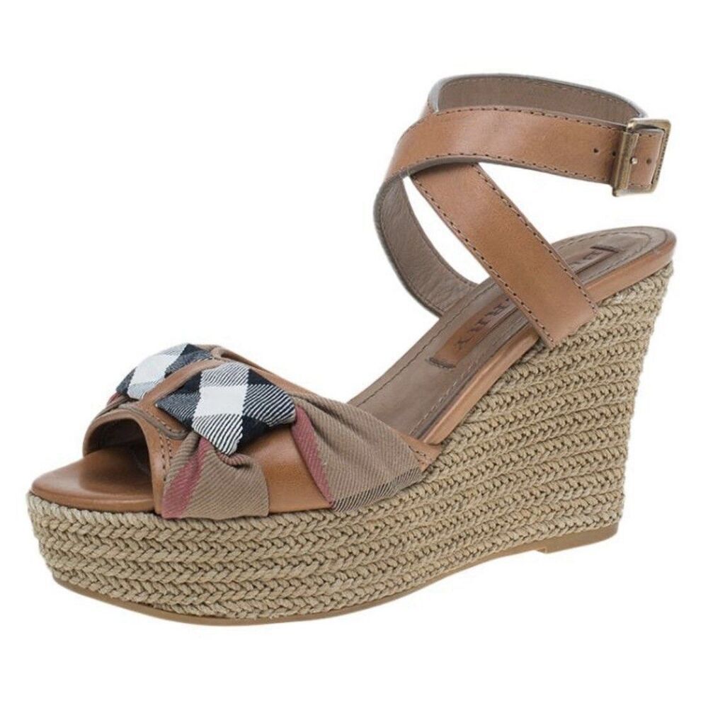 Burberry Brown Leather and Novacheck Canvas Espedrille Wedge Sandals EU 36 US 6